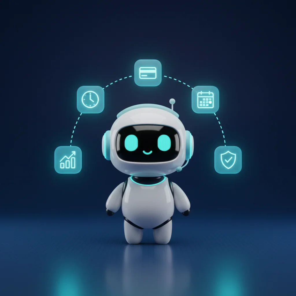 Ilustración del bot rodeado de sus principales capacidades